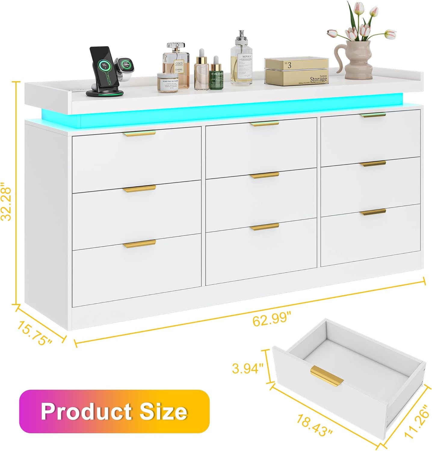 White Dresser With Integrated LED Lighting Charging-1
