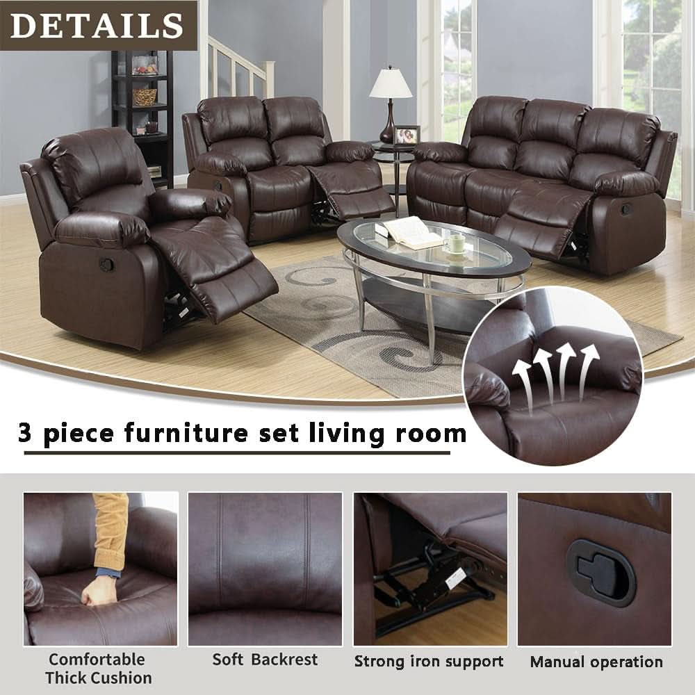 Brown Leather 3 Piece Recliner Sofa Living Room Set-2