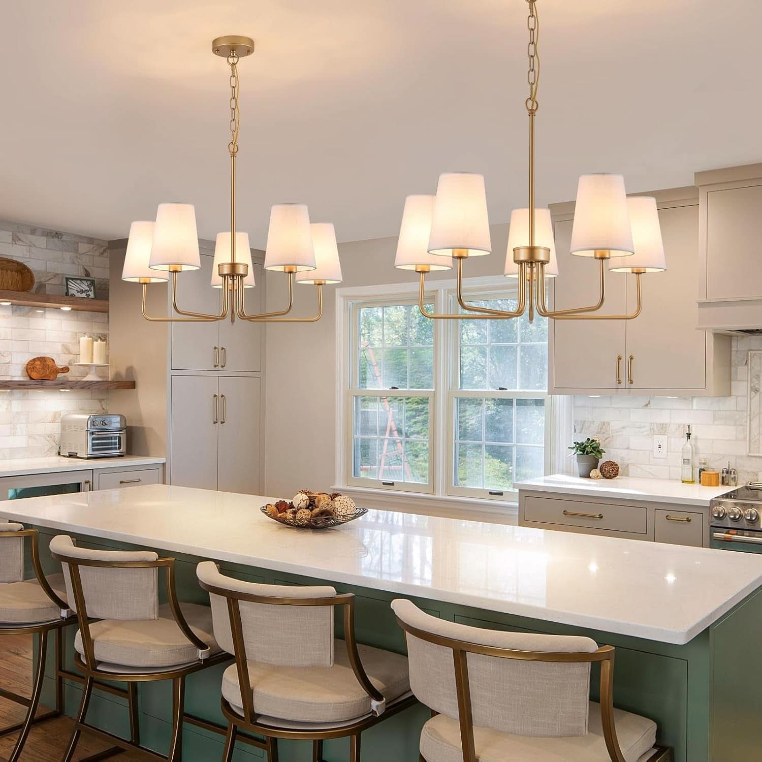 Five Light Gilded Farmhouse Chandelier With White Shades-4