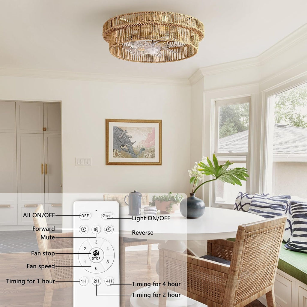 Brown Rattan Flush Mount Ceiling Fan Integrated Remote-3