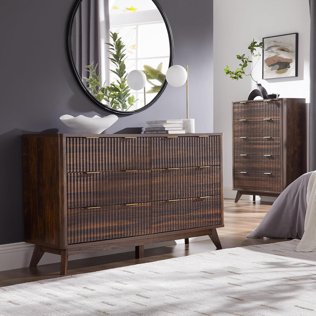 Dark Walnut Contemporary Fluted Six Drawer Dresser-2