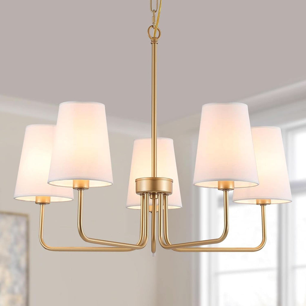 Five Light Gilded Farmhouse Chandelier With White Shades-0