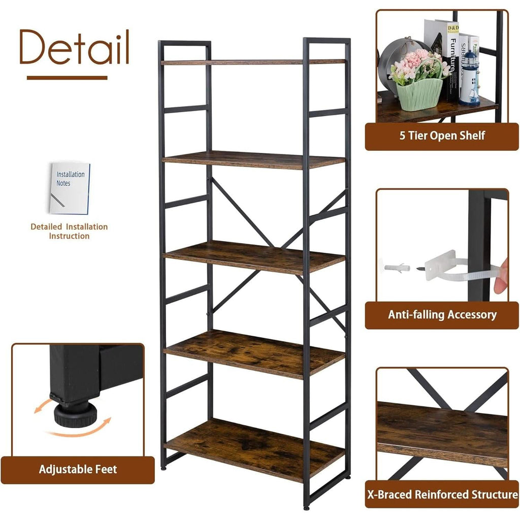 Pair Of 5 Shelf Bookcases Rustic Brown Industrial Tall-4