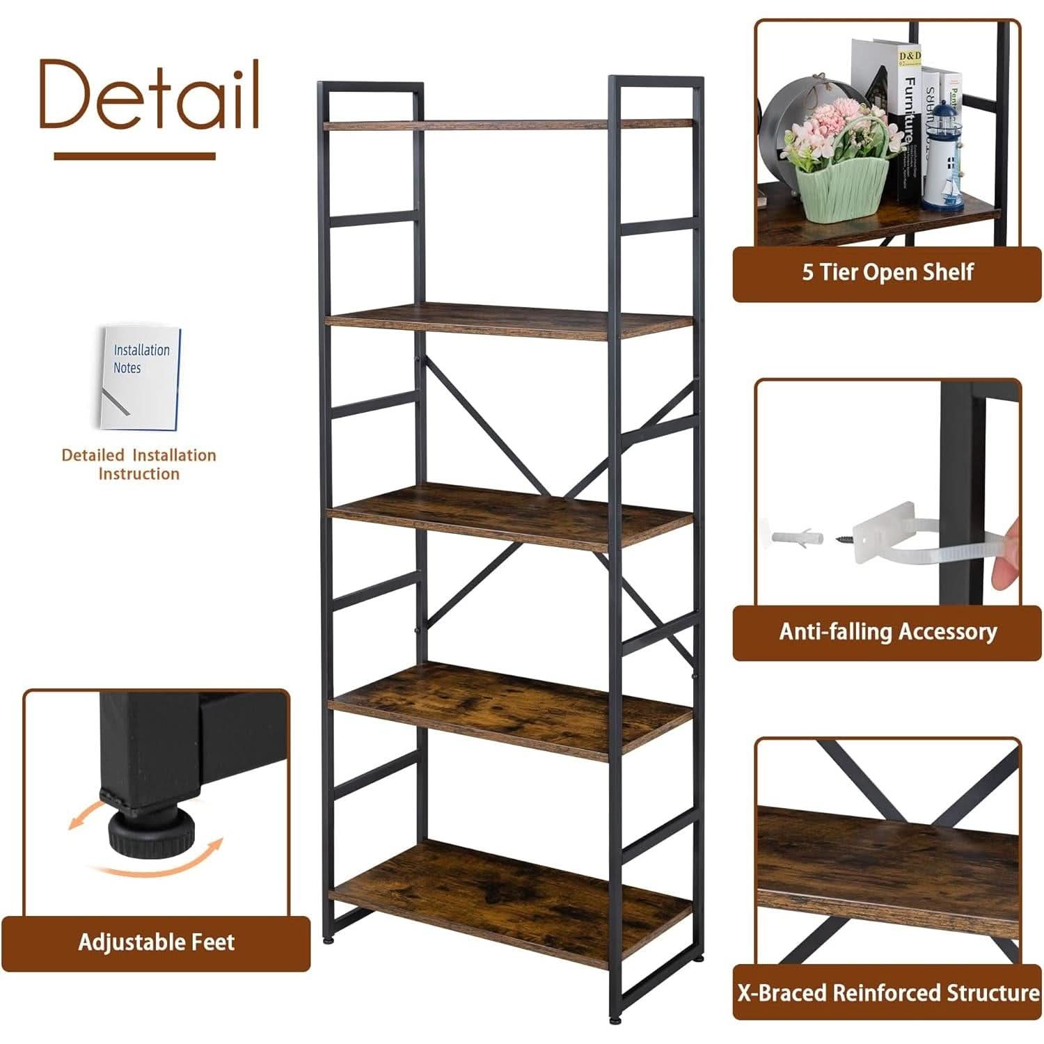 Pair Of 5 Shelf Bookcases Rustic Brown Industrial Tall-4