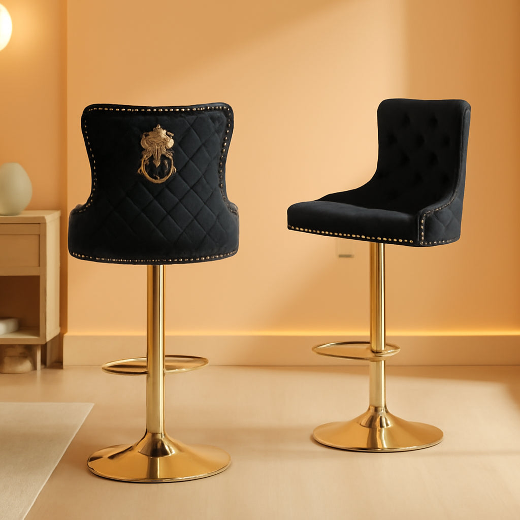 Black Velvet Swivel Bar Stools With Gold Lion Pull Ring-0