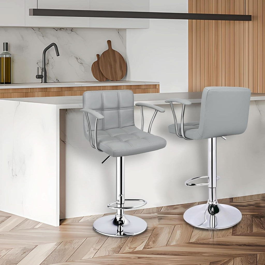 Counter Height Bar Stools Set 2 Armrest Swivel Leather Grey-1