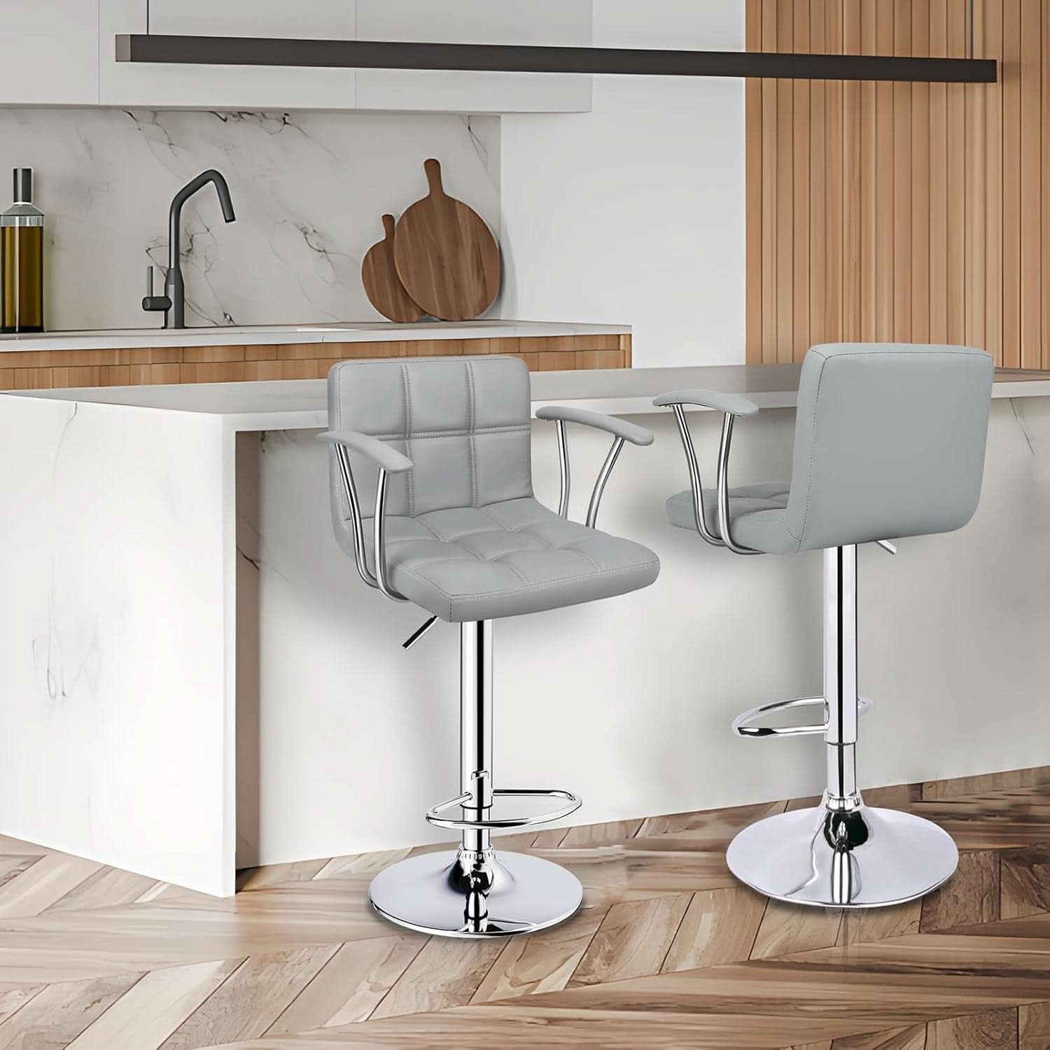 Counter Height Bar Stools Set 2 Armrest Swivel Leather Grey-1