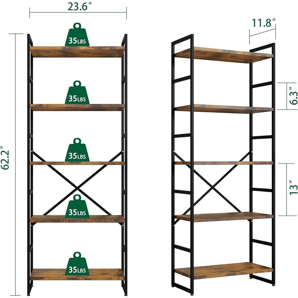 Pair Of 5 Shelf Bookcases Rustic Brown Industrial Tall-3