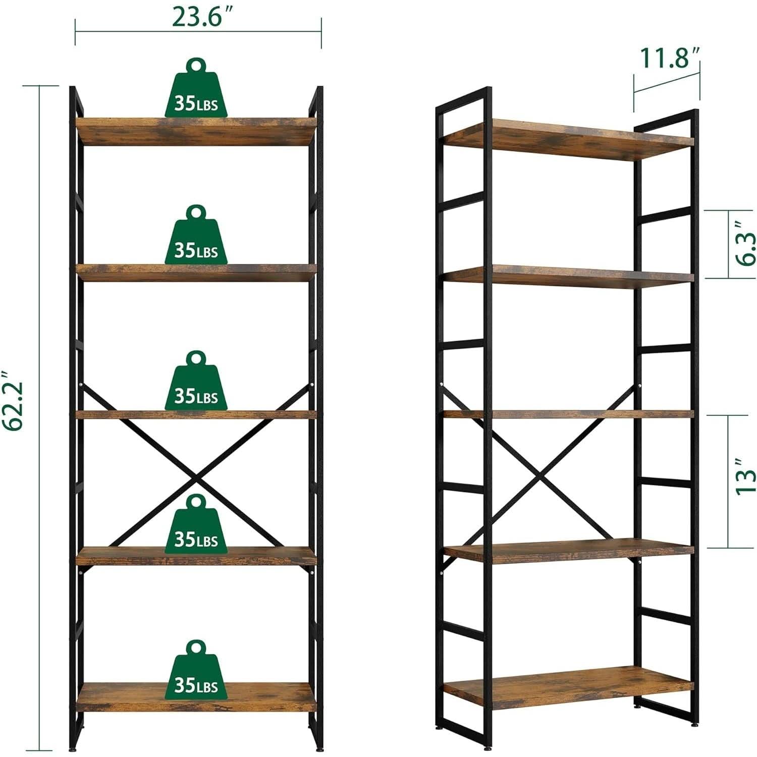 Pair Of 5 Shelf Bookcases Rustic Brown Industrial Tall-3
