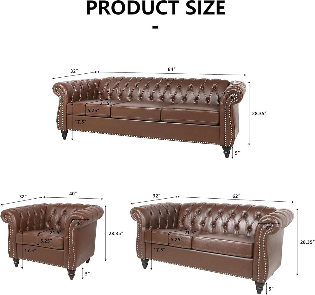3 Piece Chesterfield Leather Sofa Set With Rolled Arms And Nailhead Trim Modern Brown Living Room Set-1