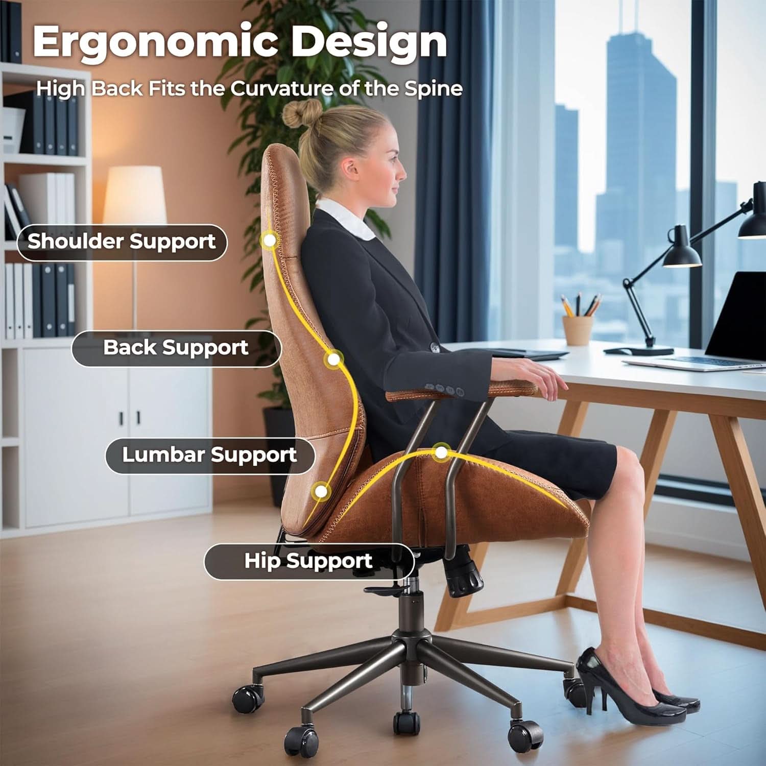 Ergonomic Mid Century Leather Office Chair With Lumbar-4