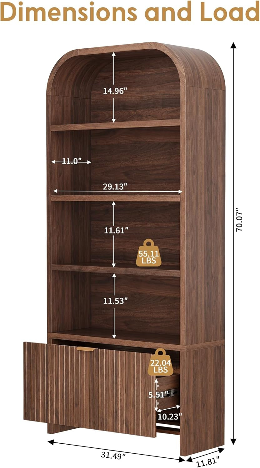 Walnut 70-Inch Freestanding Arched Bookcase Fluted Drawer-1