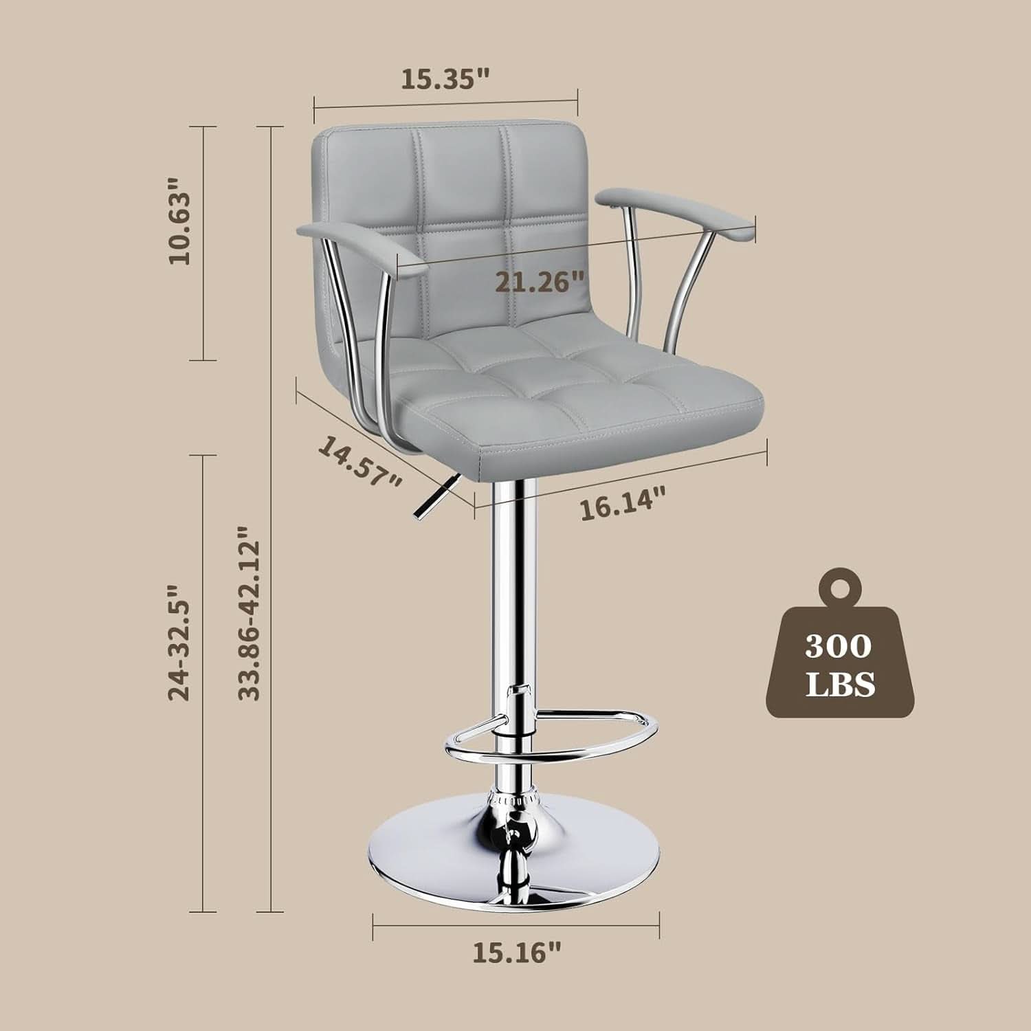 Counter Height Bar Stools Set 2 Armrest Swivel Leather Grey-2