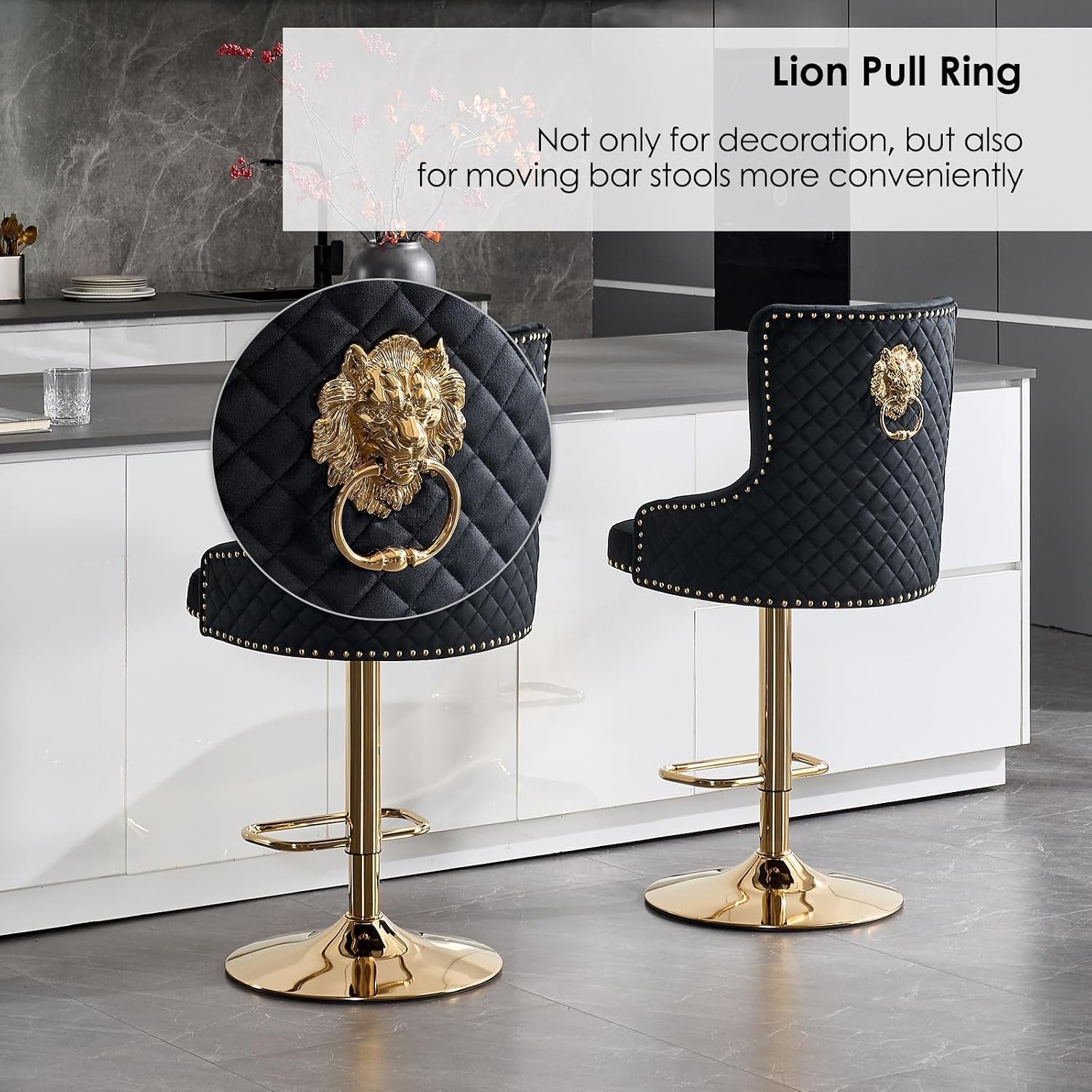 Black Velvet Swivel Bar Stools With Gold Lion Pull Ring-4