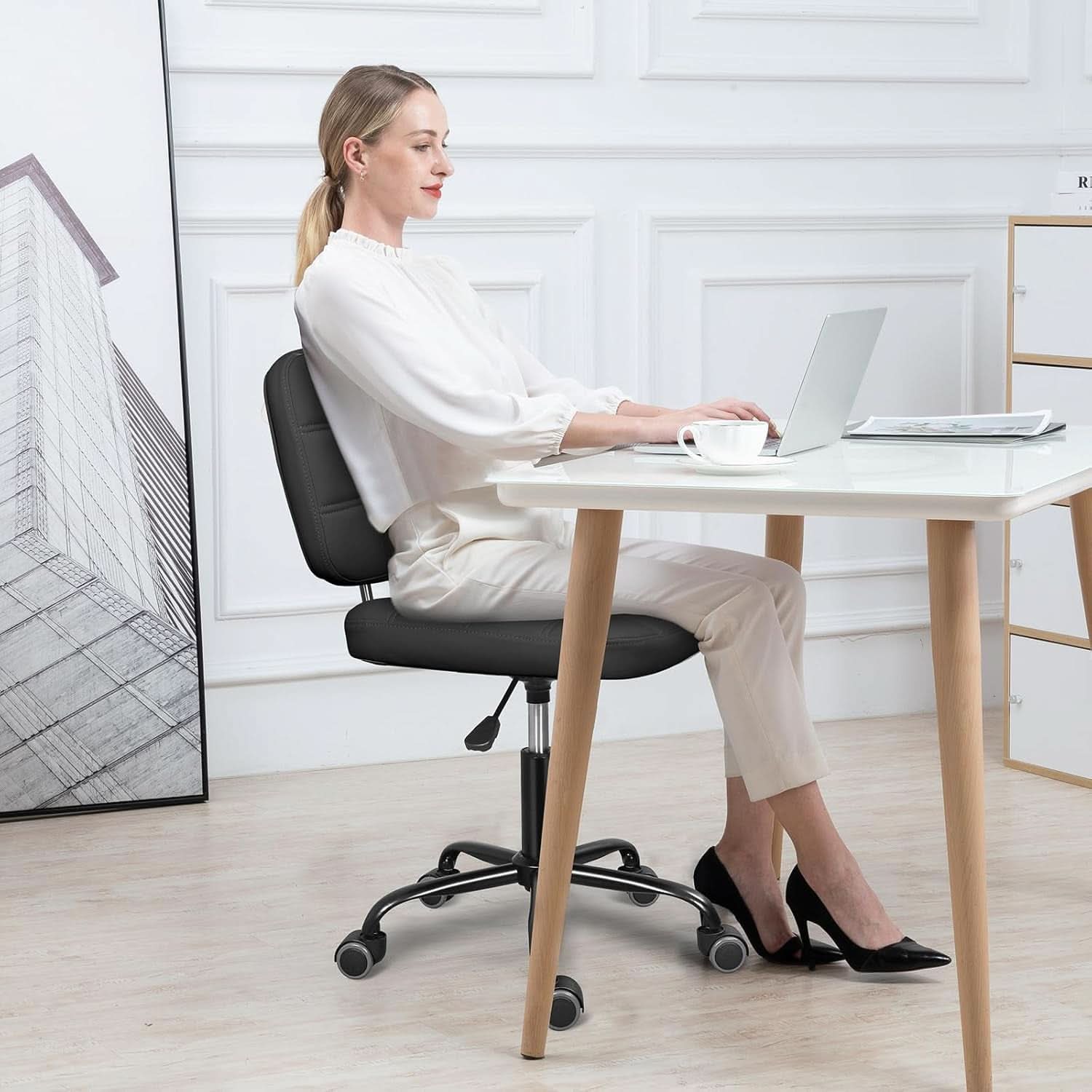 Armless Rolling Desk Chair Black Height Adjustable-1