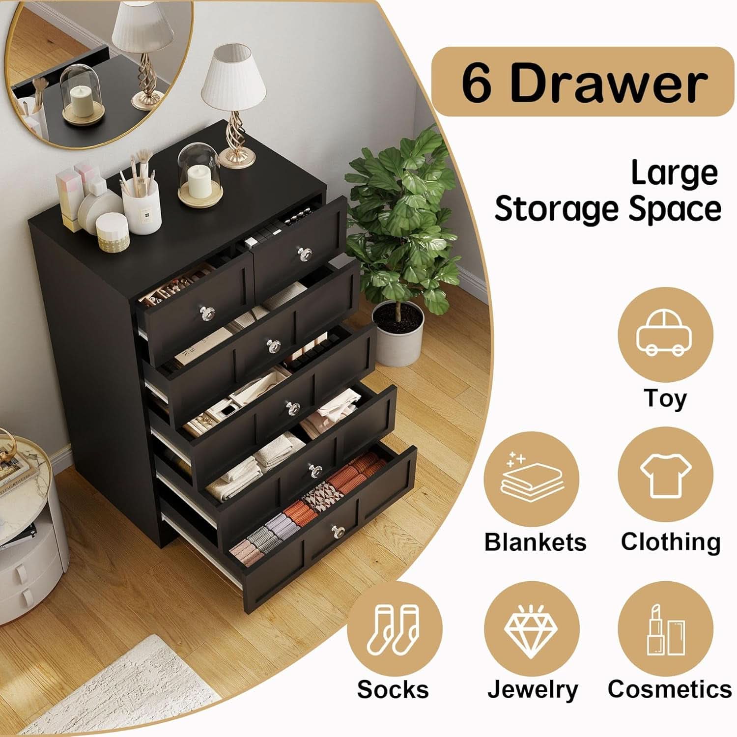 Black Fluted 24 Inch Dresser For Bedroom Storage Solutions-4