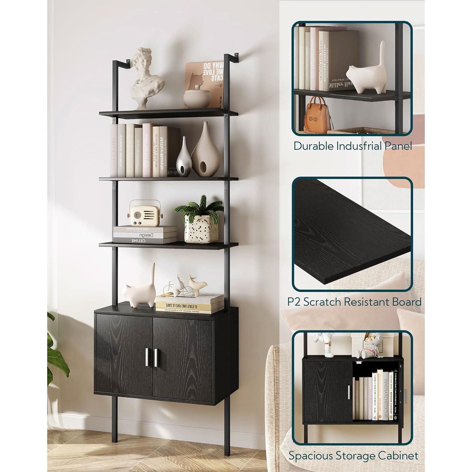 73 Inch Tall Bookshelf Black Wood Grain Living Room-3