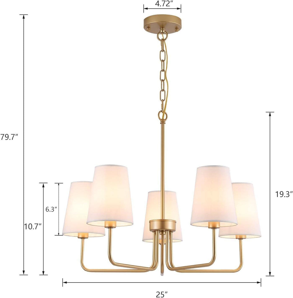 Five Light Gilded Farmhouse Chandelier With White Shades-1