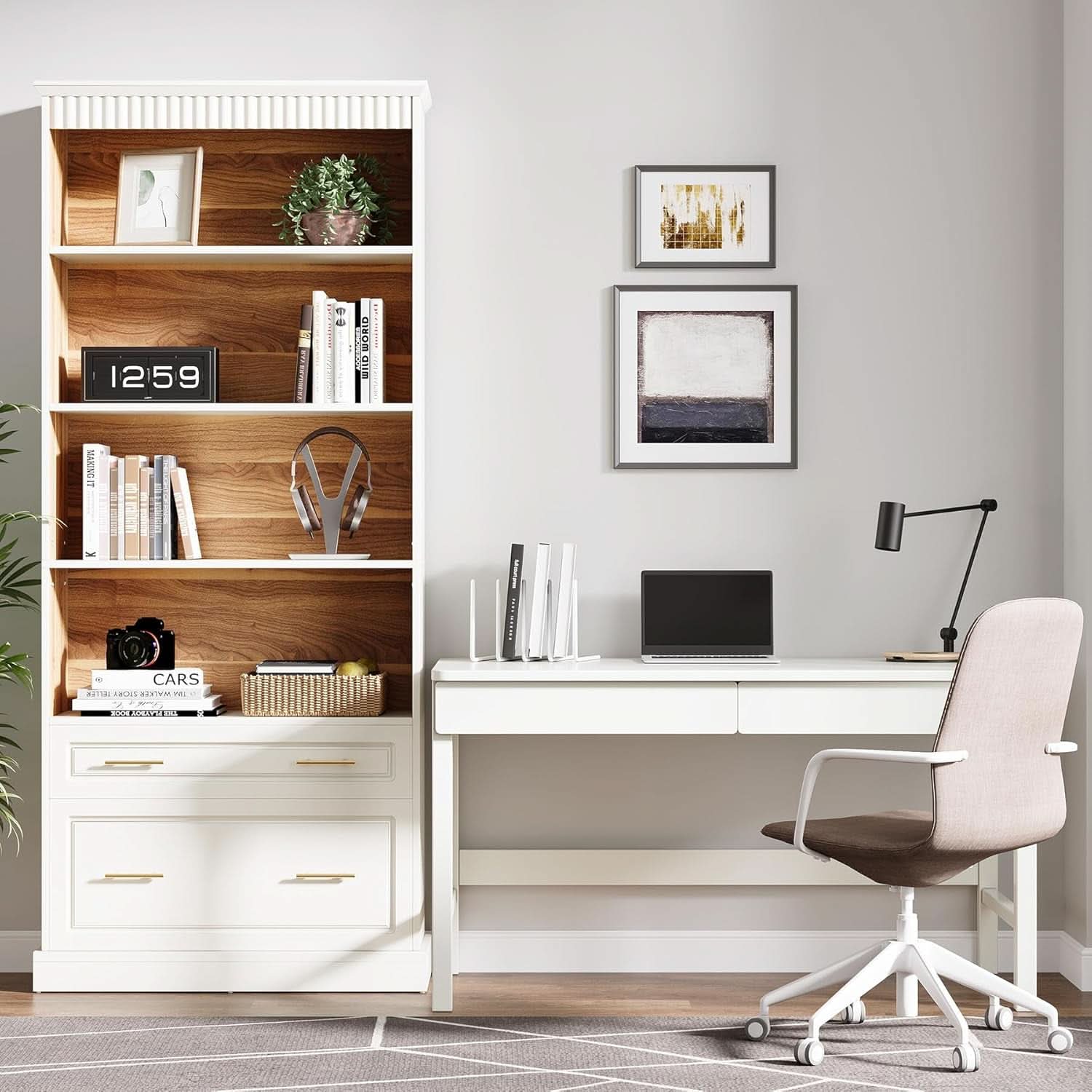 White Freestanding 72 Inch Bookcase With File Cabinet-3