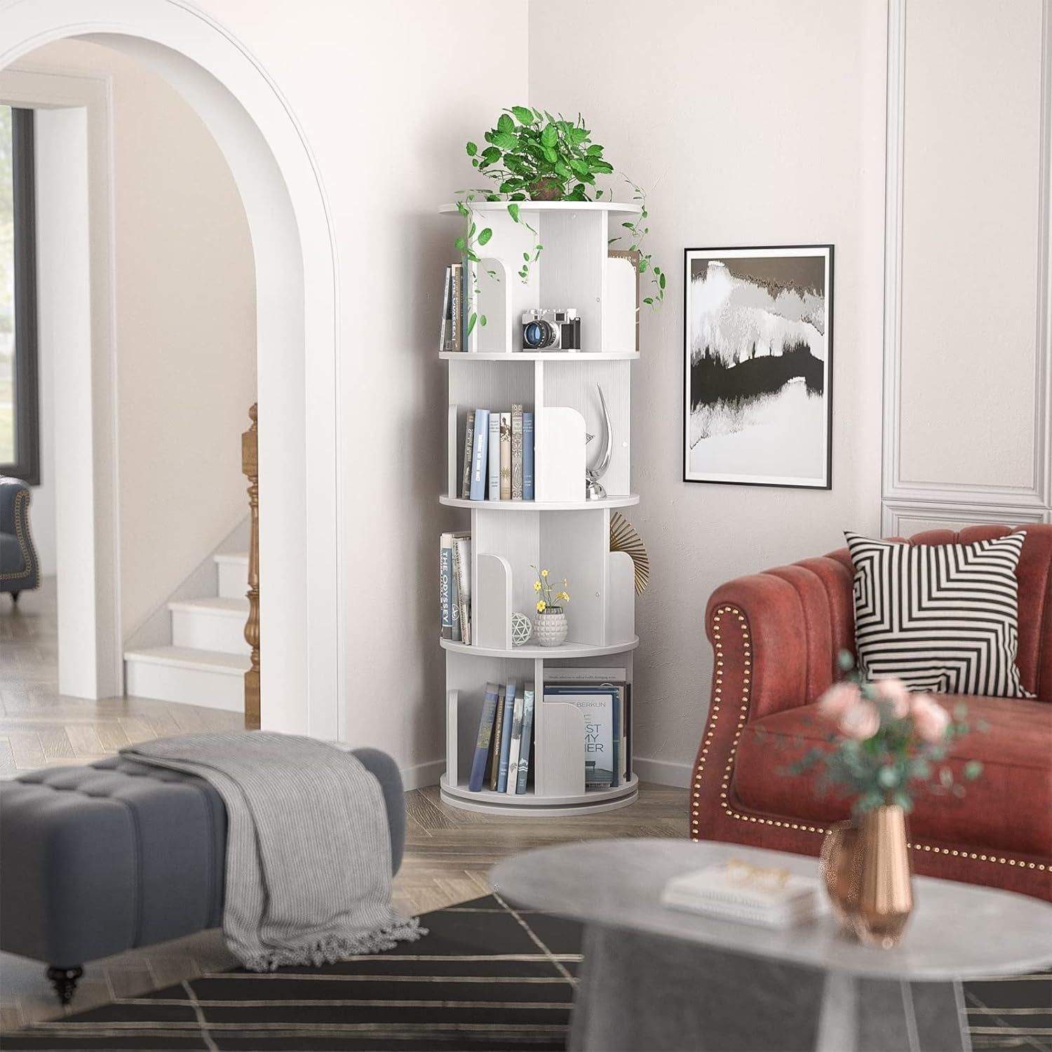Rotating Corner Bookshelf 360 Degree White Storage-1