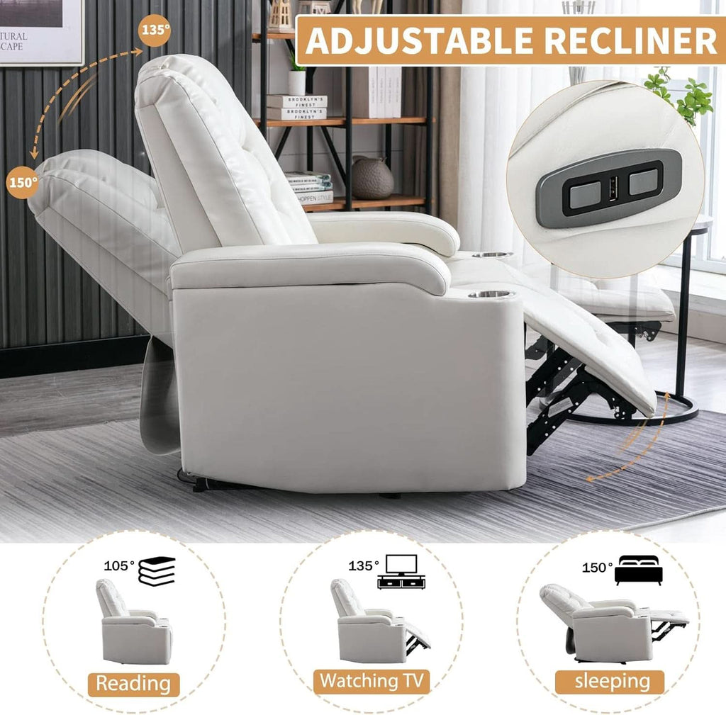 Cream White Power Recliner Chair With USB Ports And Hidden Storage-2