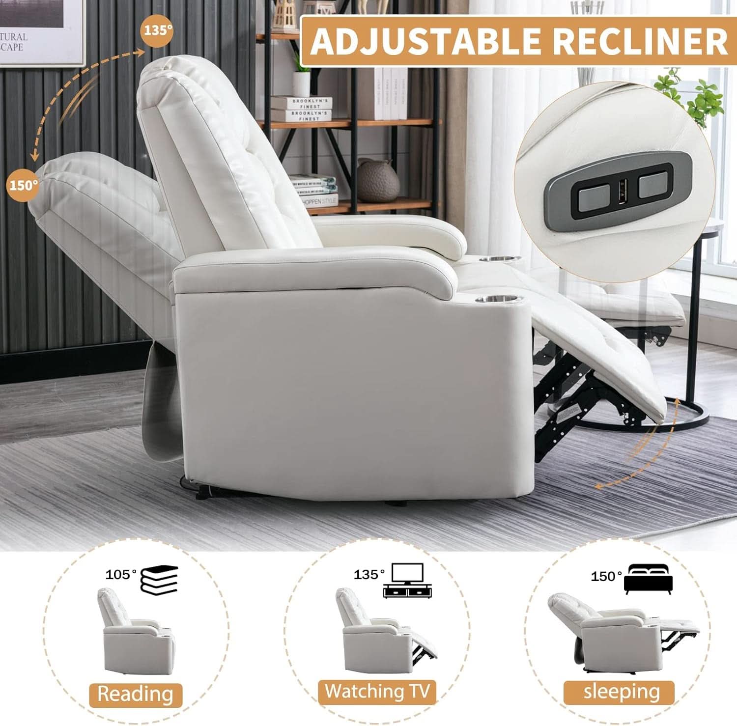 Cream White Power Recliner Chair With USB Ports And Hidden Storage-2