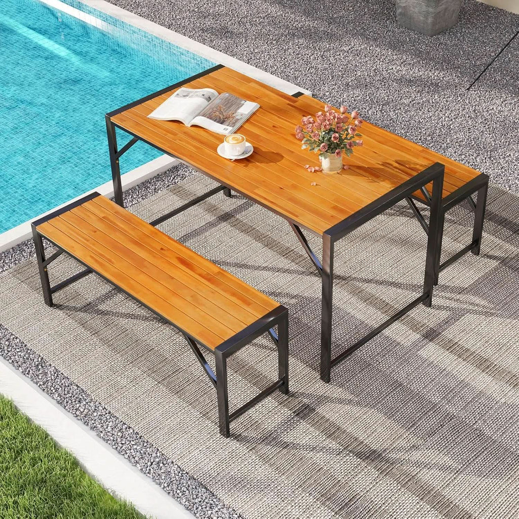 3 Piece Patio Dining Set For Six With 53 Inch Acacia Wood Table And Space Saving Benches-1