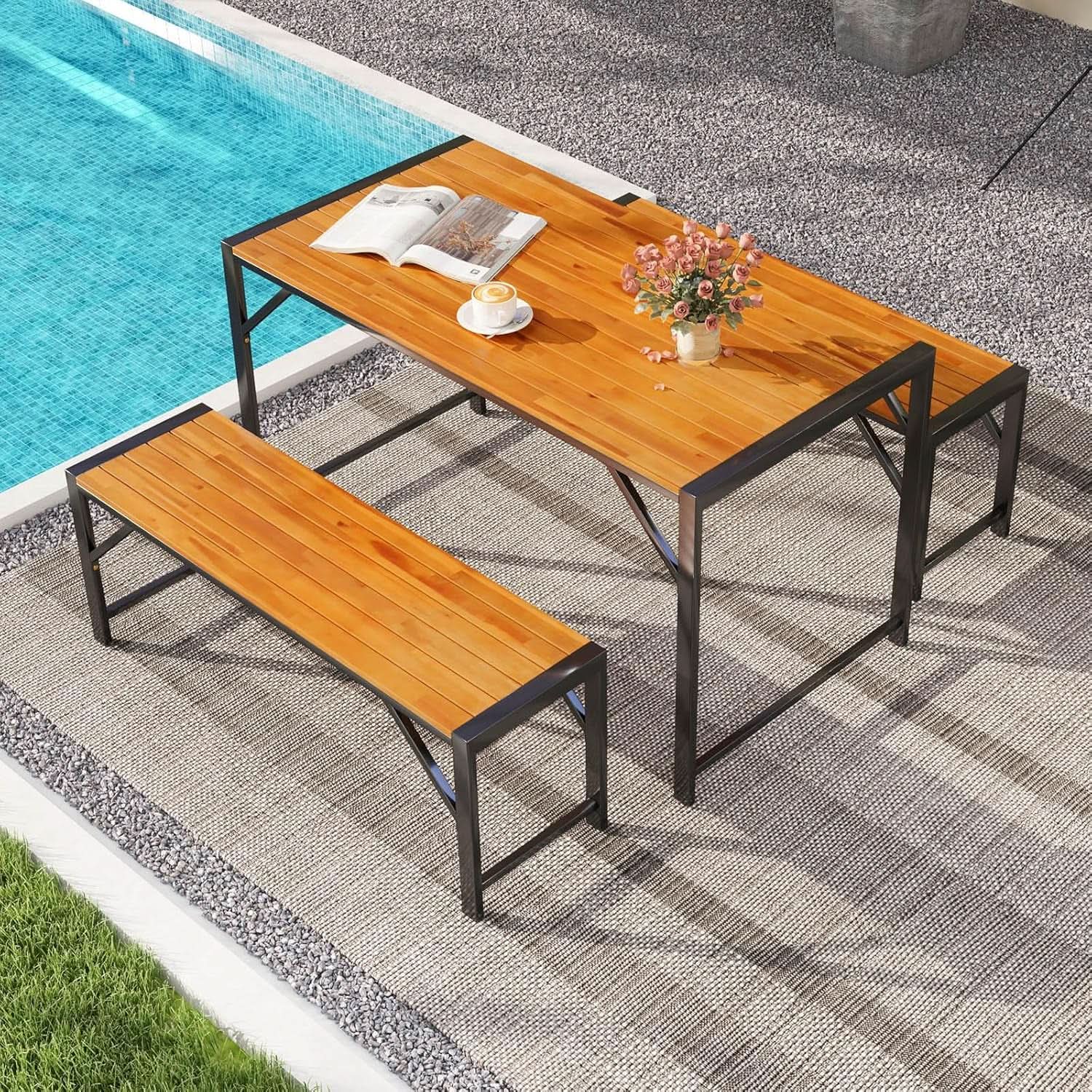 3 Piece Patio Dining Set For Six With 53 Inch Acacia Wood Table And Space Saving Benches-1