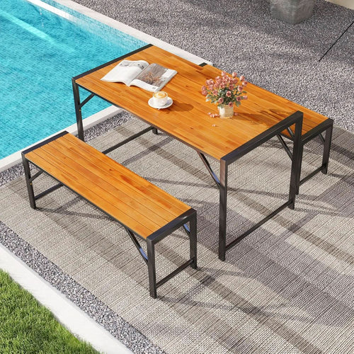 3 Piece Patio Dining Set For Six With 53 Inch Acacia Wood Table And Space Saving Benches-1