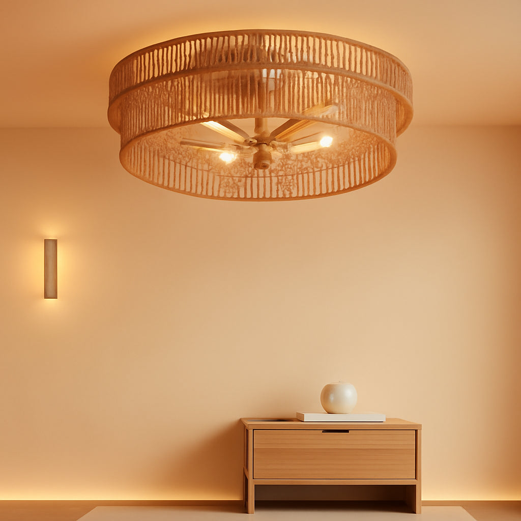 Brown Rattan Flush Mount Ceiling Fan Integrated Remote-0