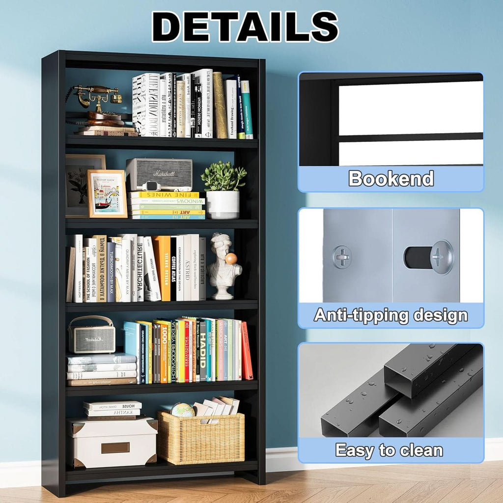 All Metal Five Tier Bookcase Matte Black Industrial-2