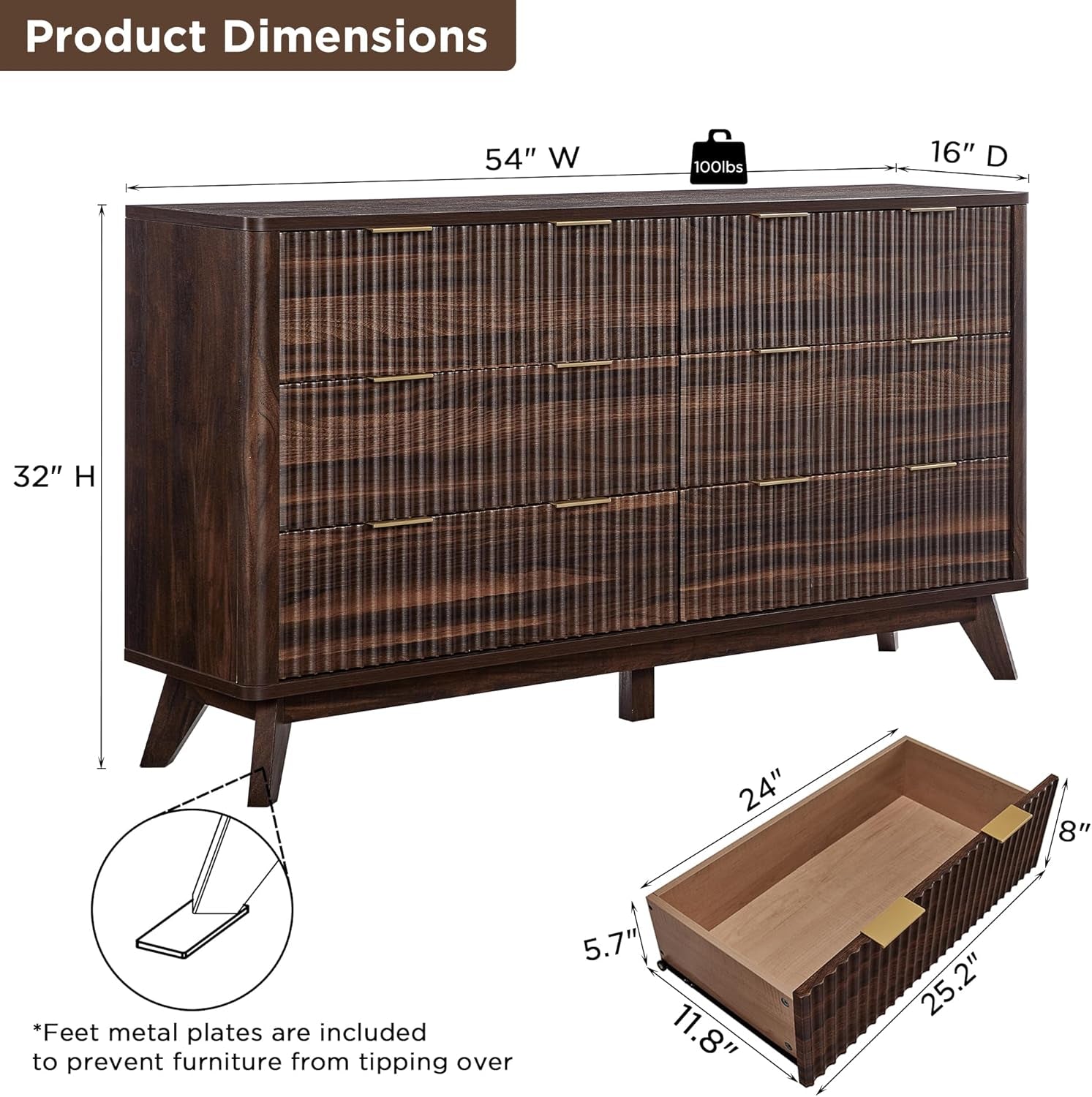 Dark Walnut Contemporary Fluted Six Drawer Dresser-1