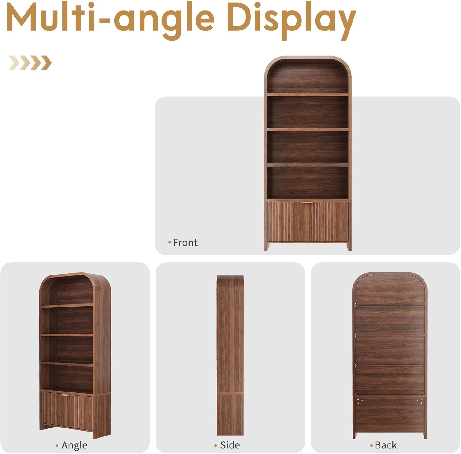 Walnut 70-Inch Freestanding Arched Bookcase Fluted Drawer-4