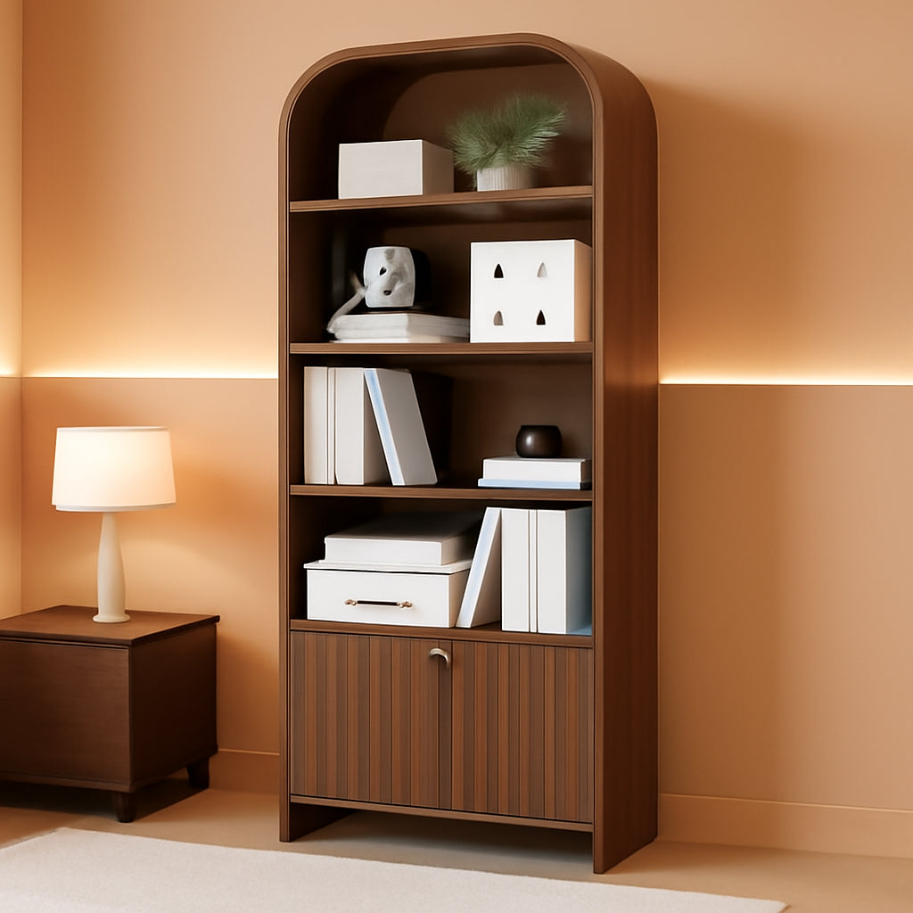 Walnut 70-Inch Freestanding Arched Bookcase Fluted Drawer-0