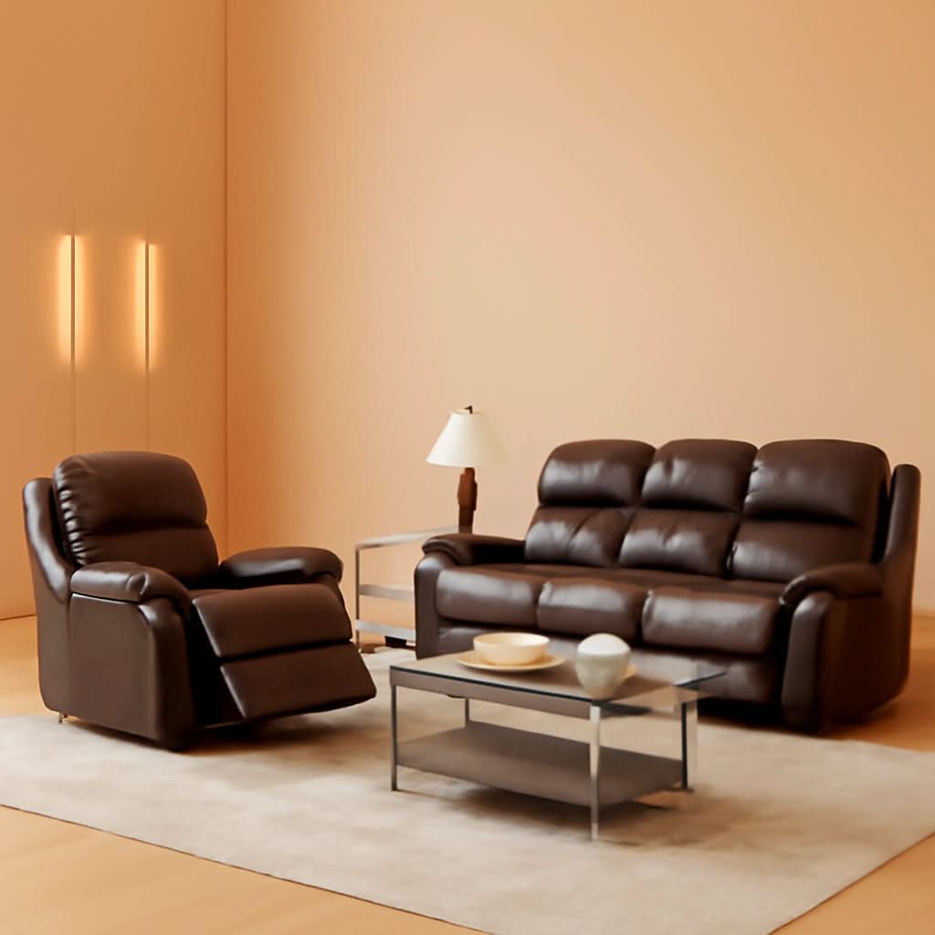 Brown Leather 3 Piece Recliner Sofa Living Room Set-0