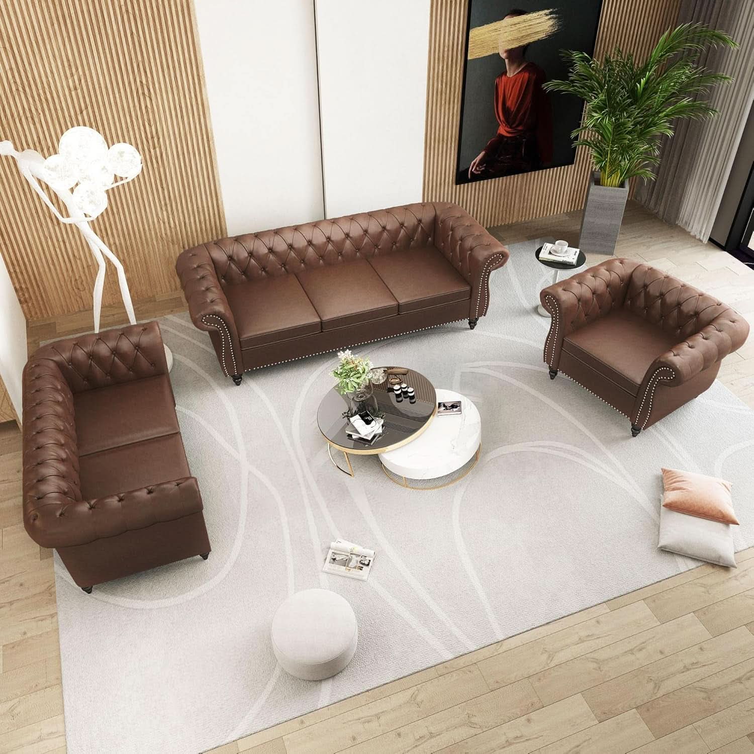 3 Piece Chesterfield Leather Sofa Set With Rolled Arms And Nailhead Trim Modern Brown Living Room Set-2