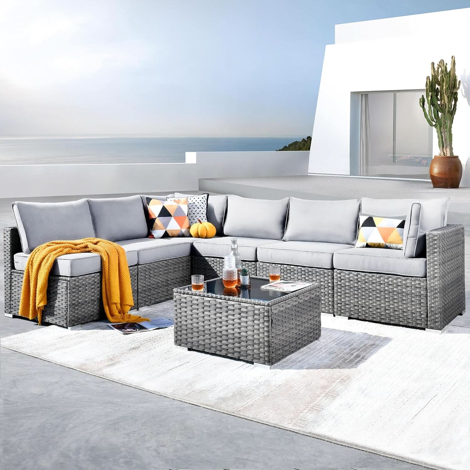 Outdoor Seven Piece Conversation Set with Coffee Table-0