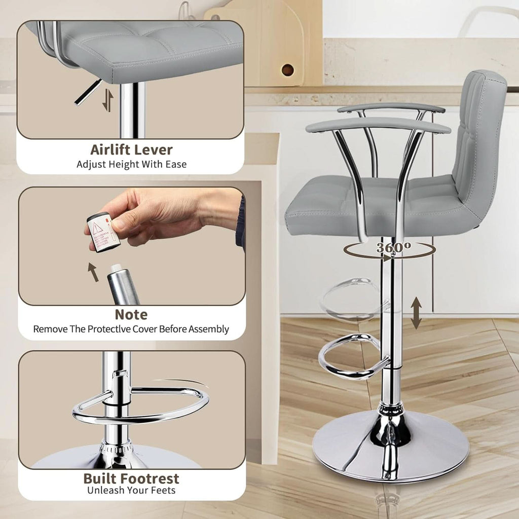 Counter Height Bar Stools Set 2 Armrest Swivel Leather Grey-4