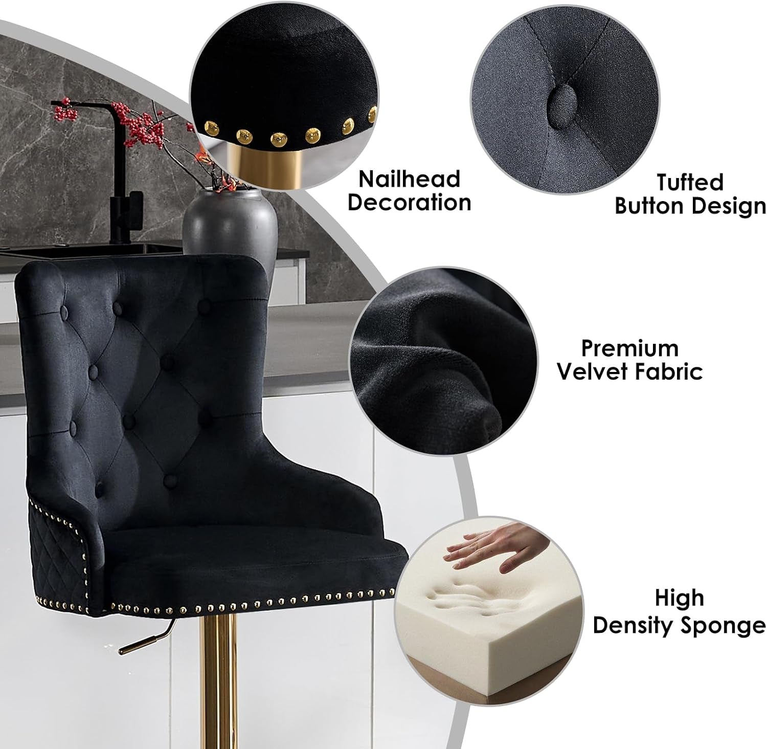 Black Velvet Swivel Bar Stools With Gold Lion Pull Ring-2