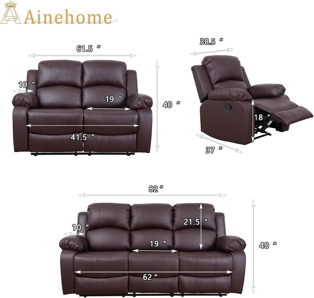Brown Leather 3 Piece Recliner Sofa Living Room Set-1