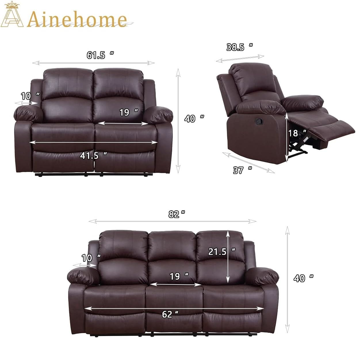 Brown Leather 3 Piece Recliner Sofa Living Room Set-1