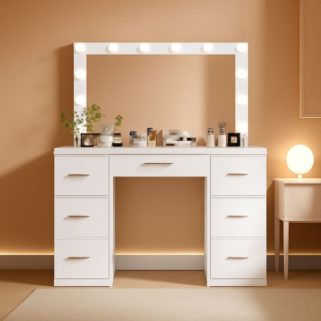 White Vanity Desk With Adjustable Illuminated Mirror-0