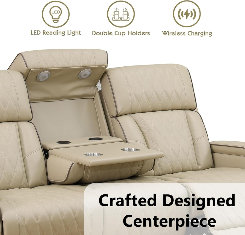 Khaki Premium Quality Leather Power Recliner Sofa USB Port-3