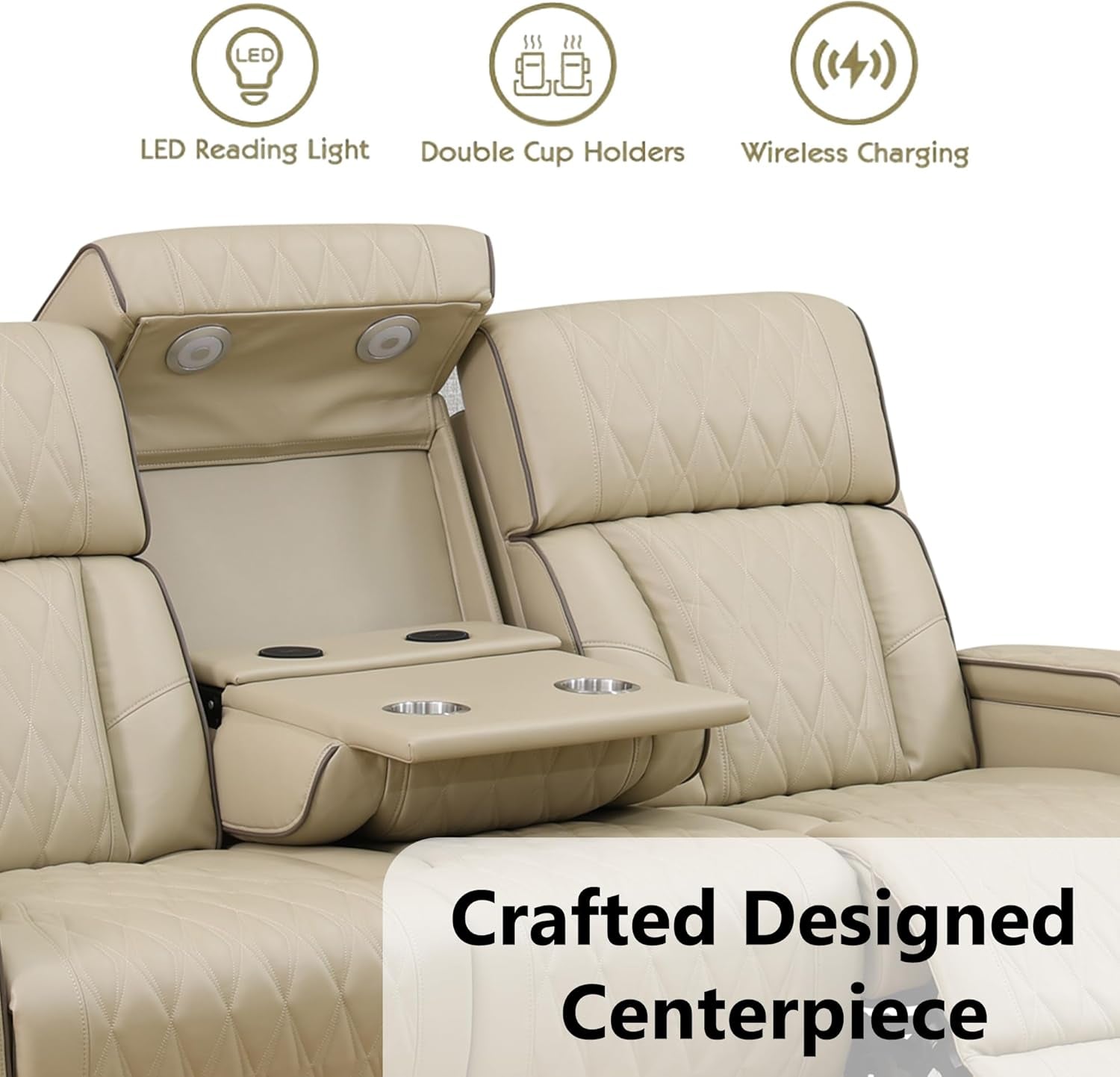 Khaki Premium Quality Leather Power Recliner Sofa USB Port-3