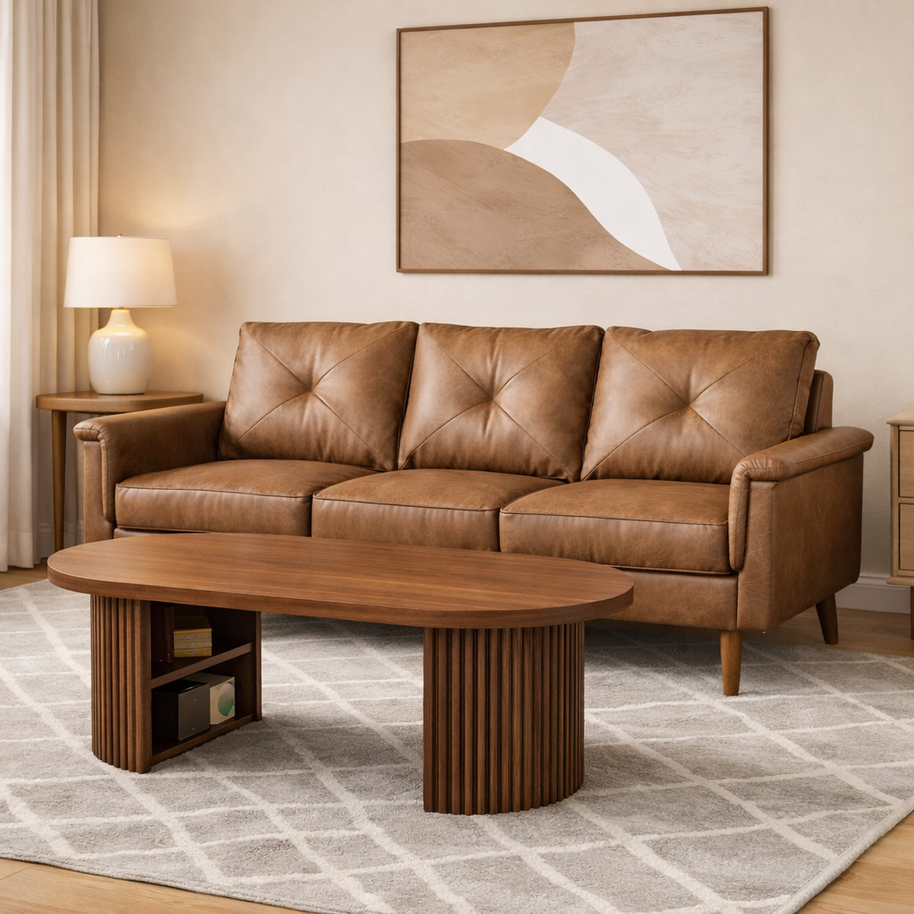 71.6" Mid Century Modern 3 Seat Sofa with 47" Oval Fluted Coffee Table Living Room Set Walnut-1