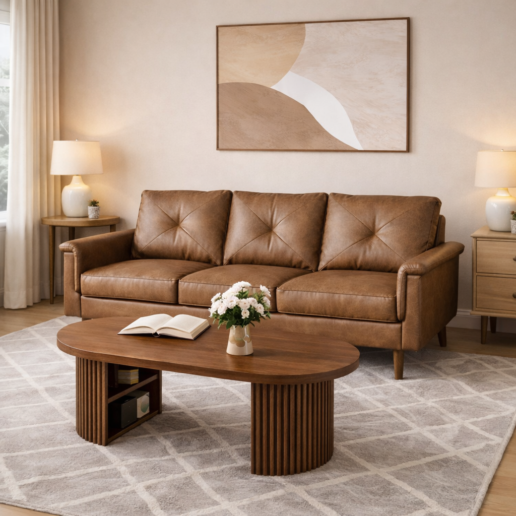 71.6" Mid Century Modern 3 Seat Sofa with 47" Oval Fluted Coffee Table Living Room Set Walnut-2