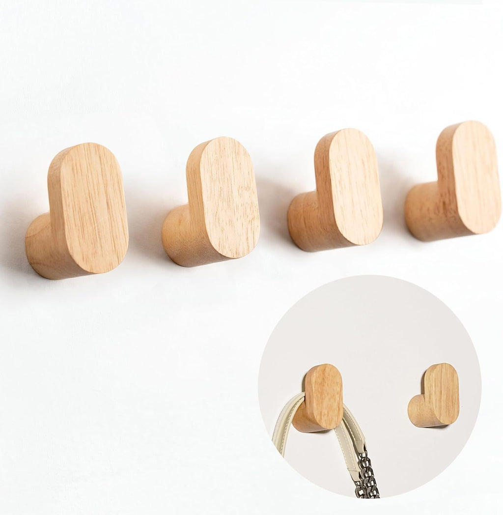 Coat Hooks for Hanging Heavy Duty - 4 Pack Wooden Wooden Hooks Modern Minimalist, Natural Wood Hooks for Hanging Hat, Towel, Robe, Bag, Suitable for Bathroom Bedroom Entryway-2