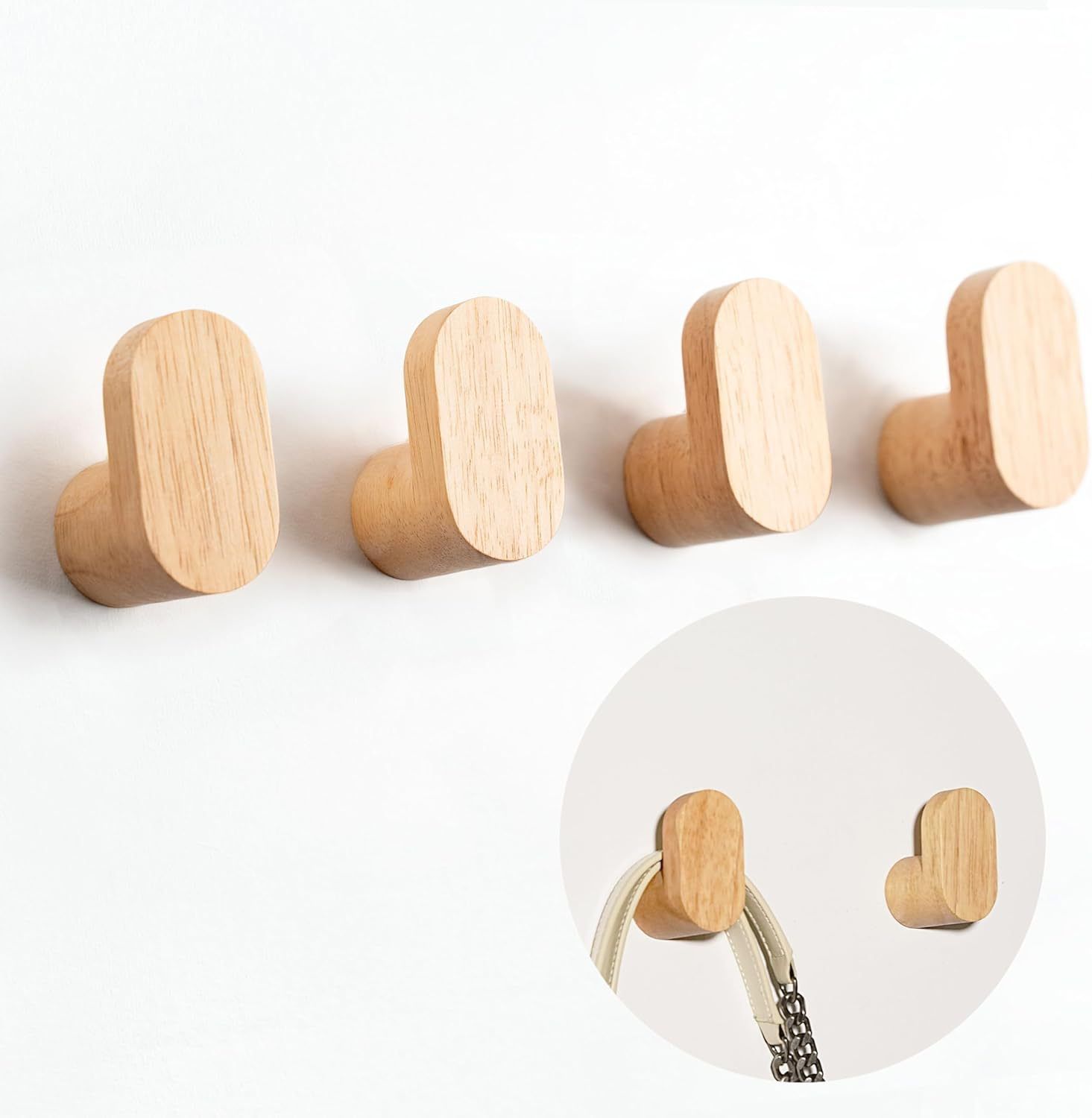 Coat Hooks for Hanging Heavy Duty - 4 Pack Wooden Wooden Hooks Modern Minimalist, Natural Wood Hooks for Hanging Hat, Towel, Robe, Bag, Suitable for Bathroom Bedroom Entryway-2