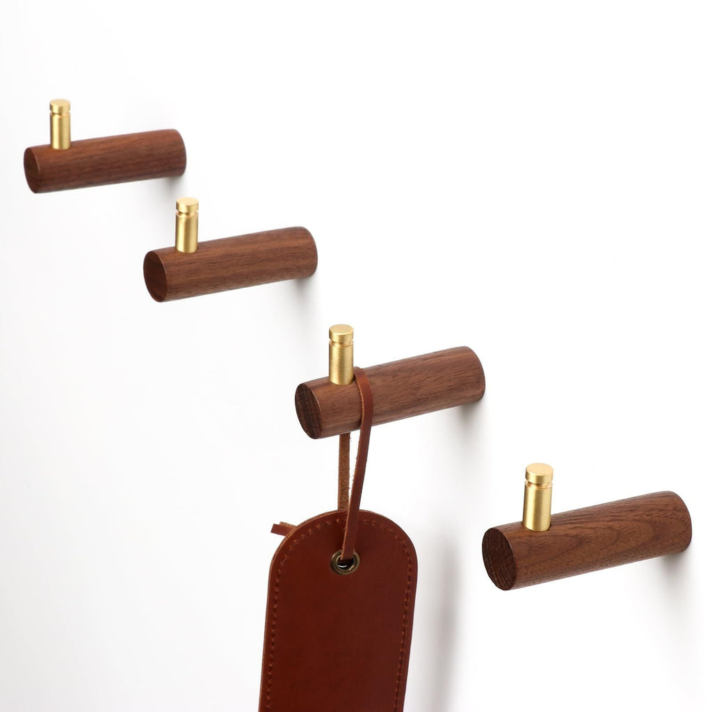 4 Pcs Wooden Wall Hooks Coat Hooks Hangers Wall Mounted Brass Decorative Wall Hooks Towel Hook, Walnut Wall Hooks(L-Shaped,Walnut)-0