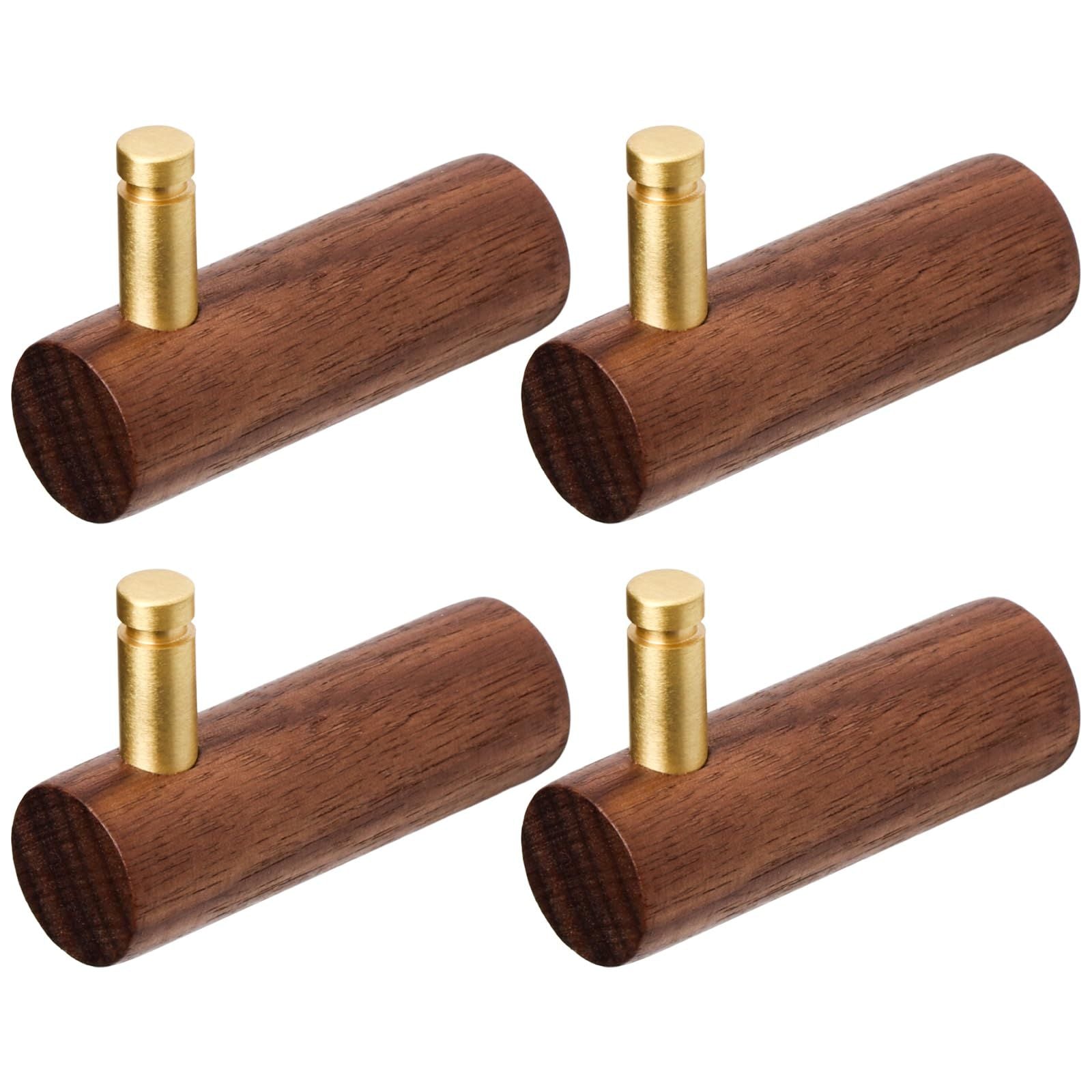 4 Pcs Wooden Wall Hooks Coat Hooks Hangers Wall Mounted Brass Decorative Wall Hooks Towel Hook, Walnut Wall Hooks(L-Shaped,Walnut)-1